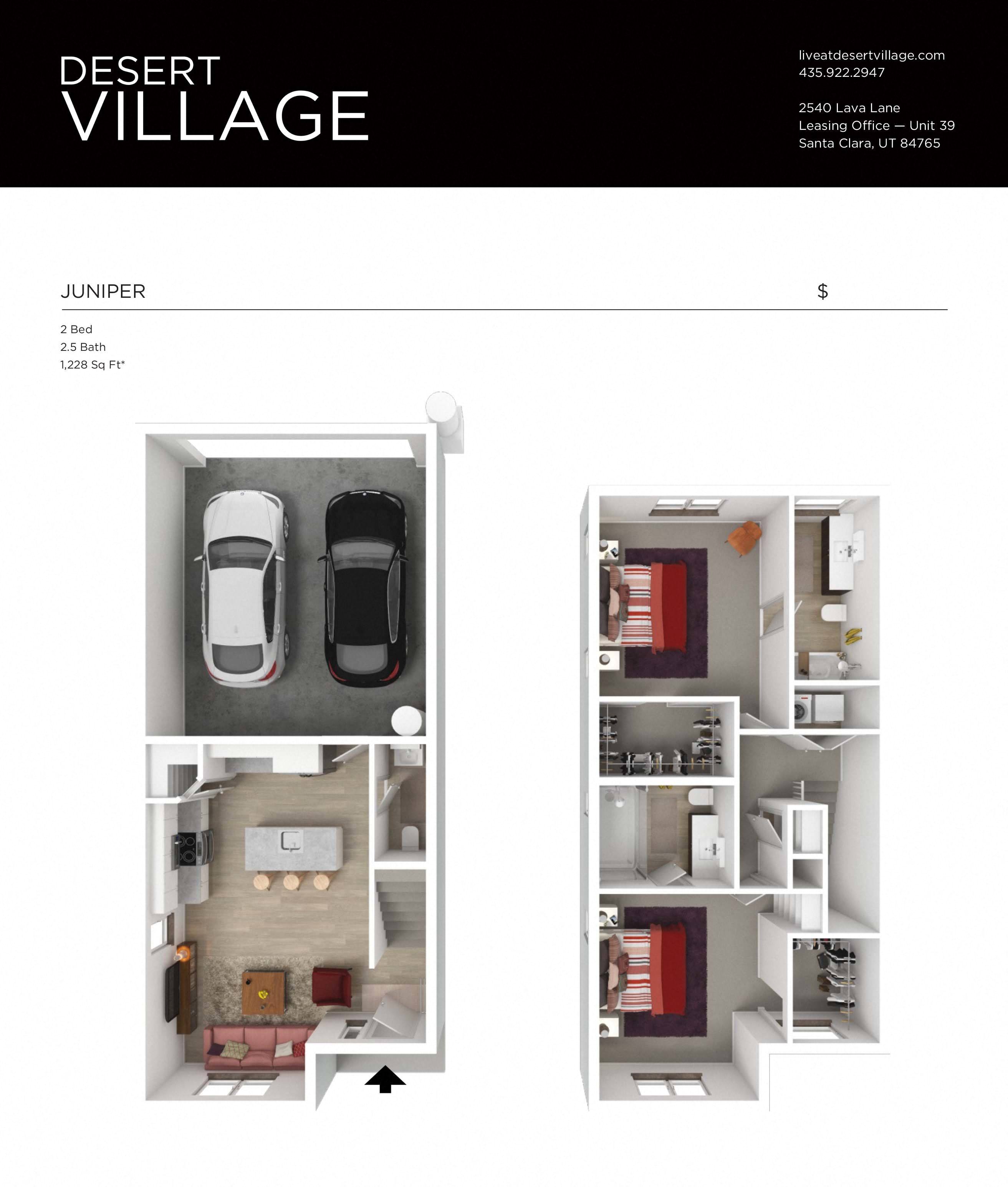 Floor plan for 2 beds, 2.5 baths, 1228 sqft